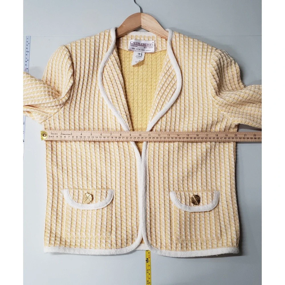 Vintage Castleberry Womens Yellow Woven Tweed Jacket Skirt Set Size 12 Old Money - Picture 4 of 11